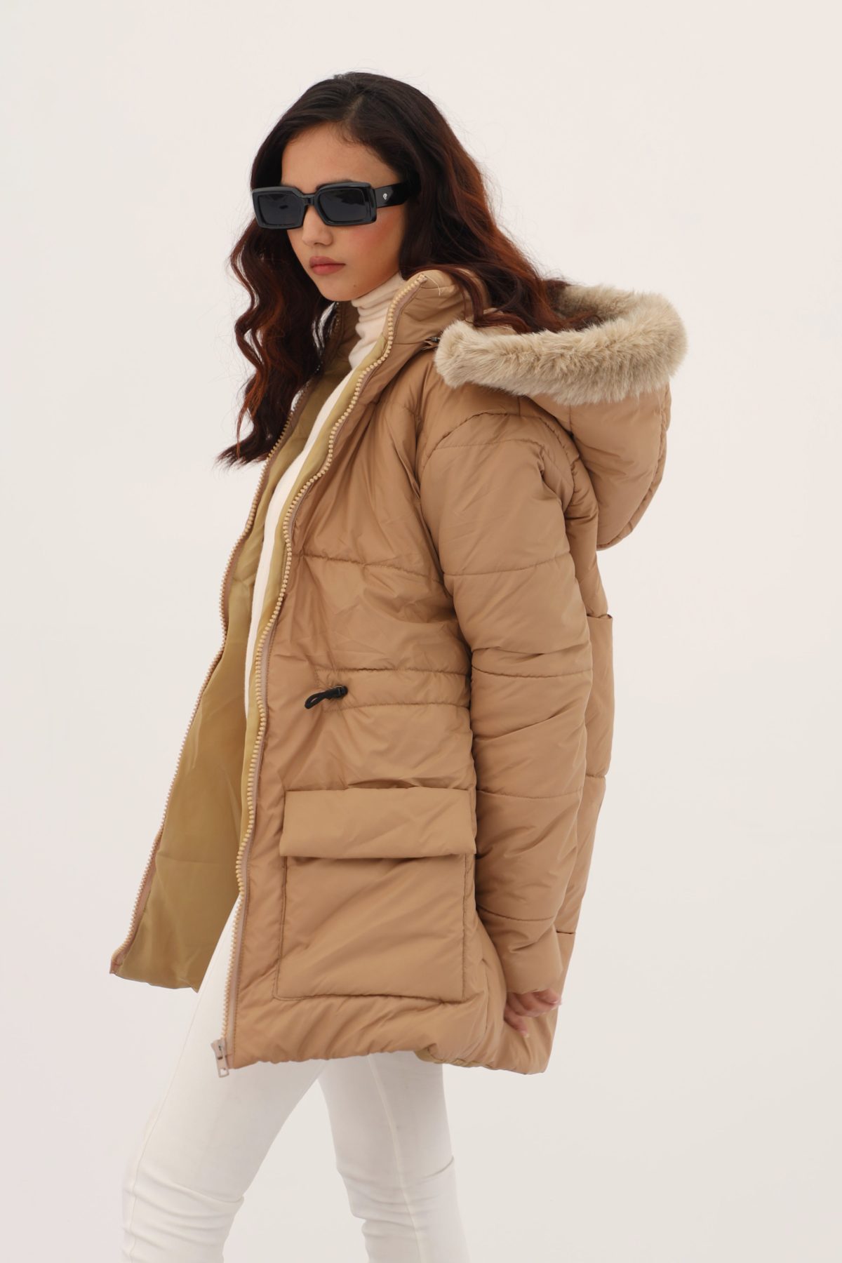 Alaska NEO Soft Puffer Jacket with Fur Hoodie (Tan) - Image 2