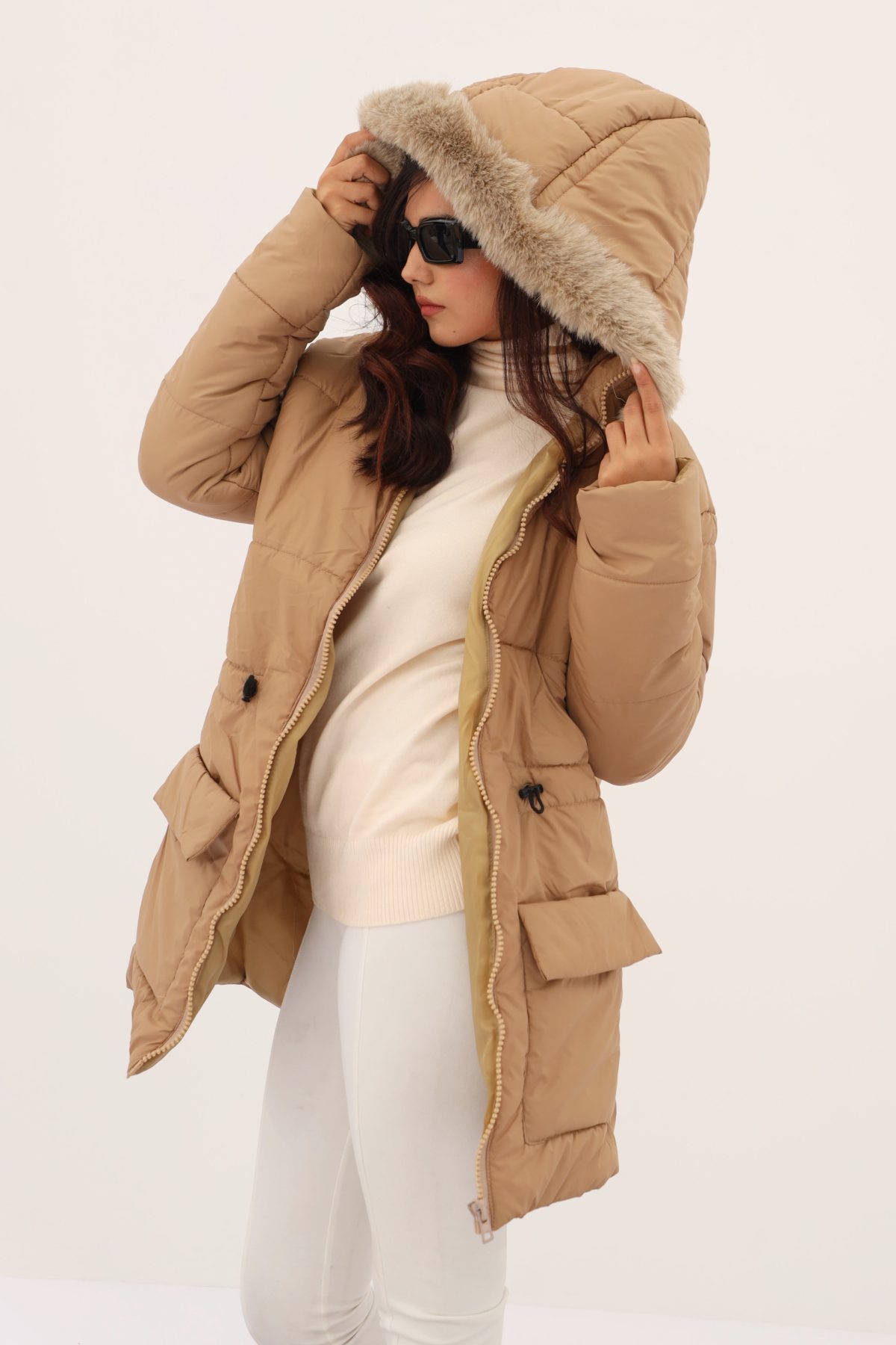 Alaska NEO Soft Puffer Jacket with Fur Hoodie (Tan) - Image 3