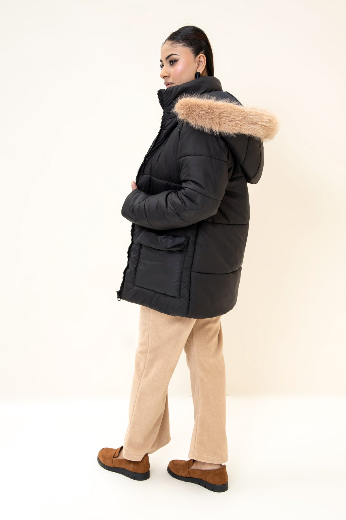 Alaska NEO Soft Puffer Jacket with Fur Hoodie Black - Image 2