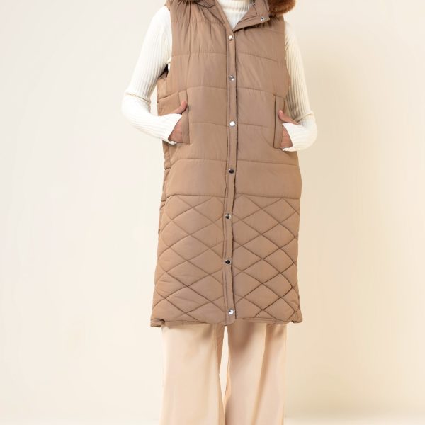 Hannah Neo Long Sleeveless Jacket with Fur hoodie Sand