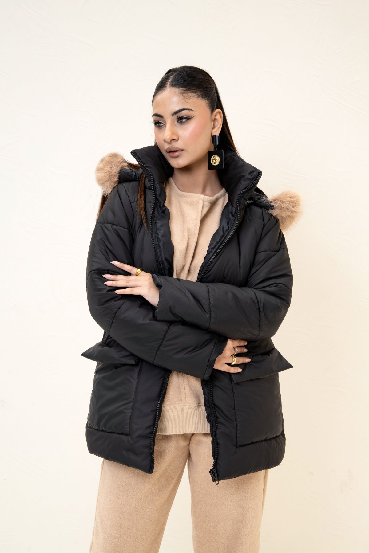 Alaska NEO Soft Puffer Jacket with Fur Hoodie Black - Image 1