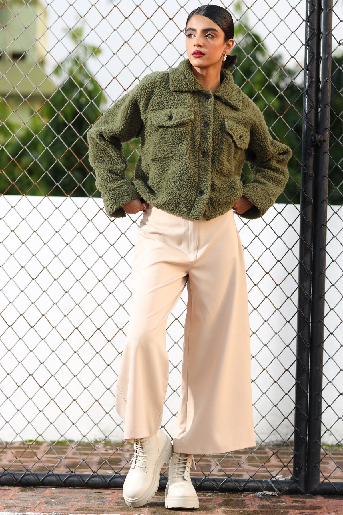 Fuzzy Flannel Button Up Olive - Image 1